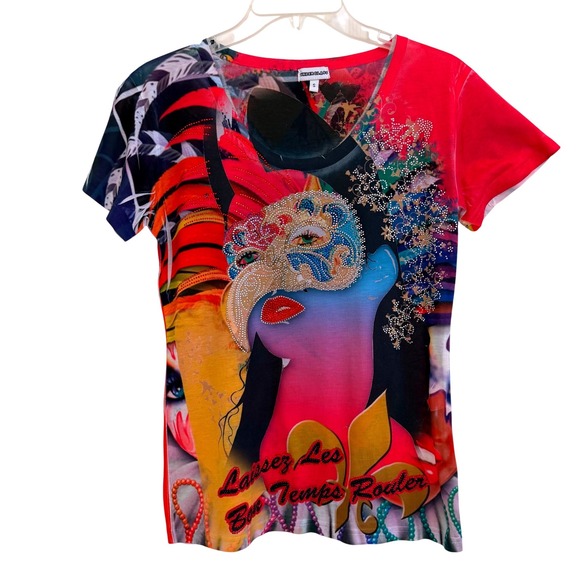 Underglass Tops - Underglass Bright Mardi Gras Carnival T-Shirt Rhinestone Masked Print S NWOT